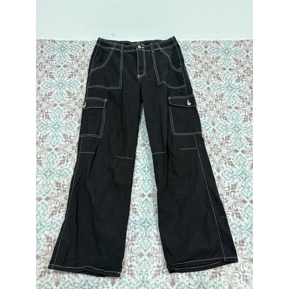 Forever 21 Black Contrast Stitch Cargo Pants Wide Leg Utility Streetwear L
